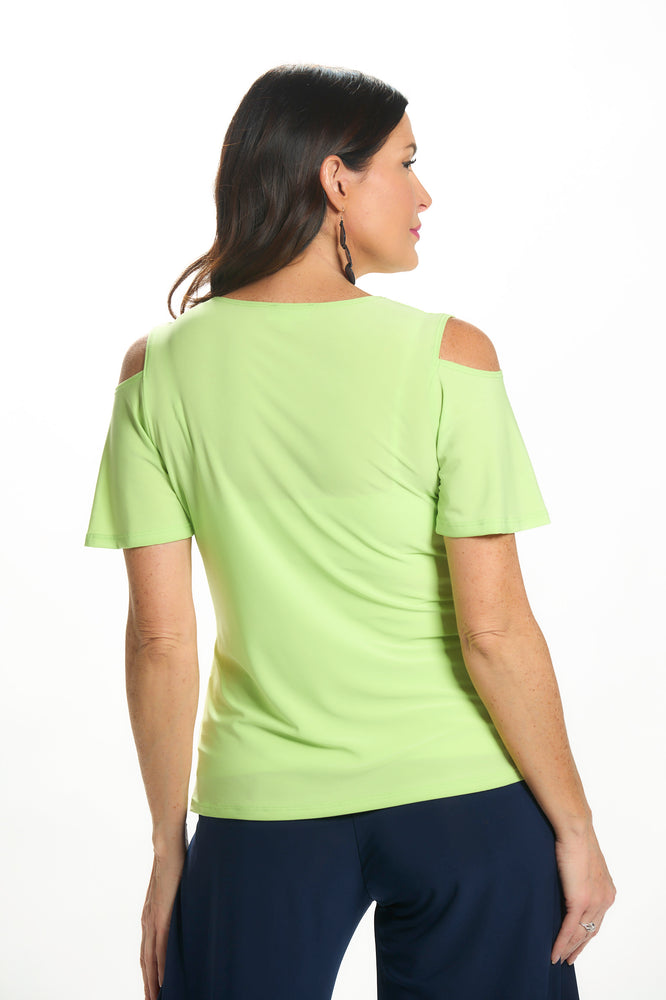 Back image of Mimozza flutter sleeve cold shoulder top in lime. 