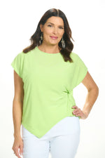 Front image of Mimozza cap sleeve knot top in lime green. 