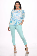 Front image of look mode pull on side rib jeggings in mint blue.