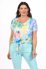 Short Sleeve Tie Front Print Top