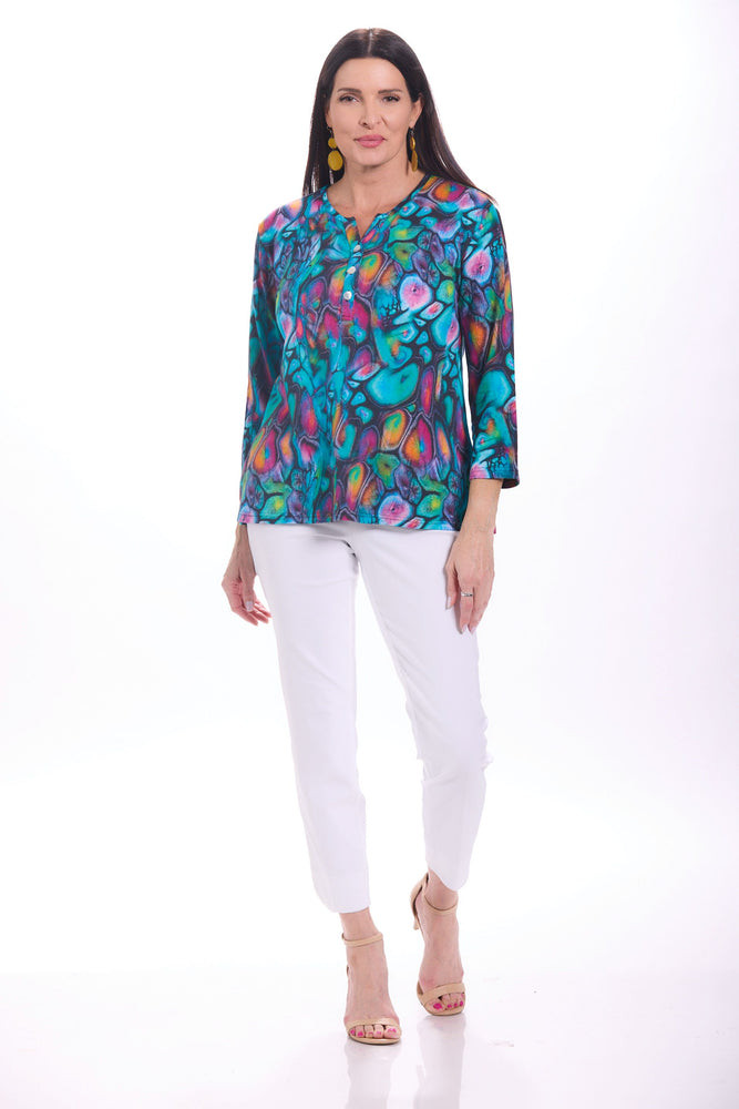 Front image of Parsley and Sage button up detail multi colored jewel top. 