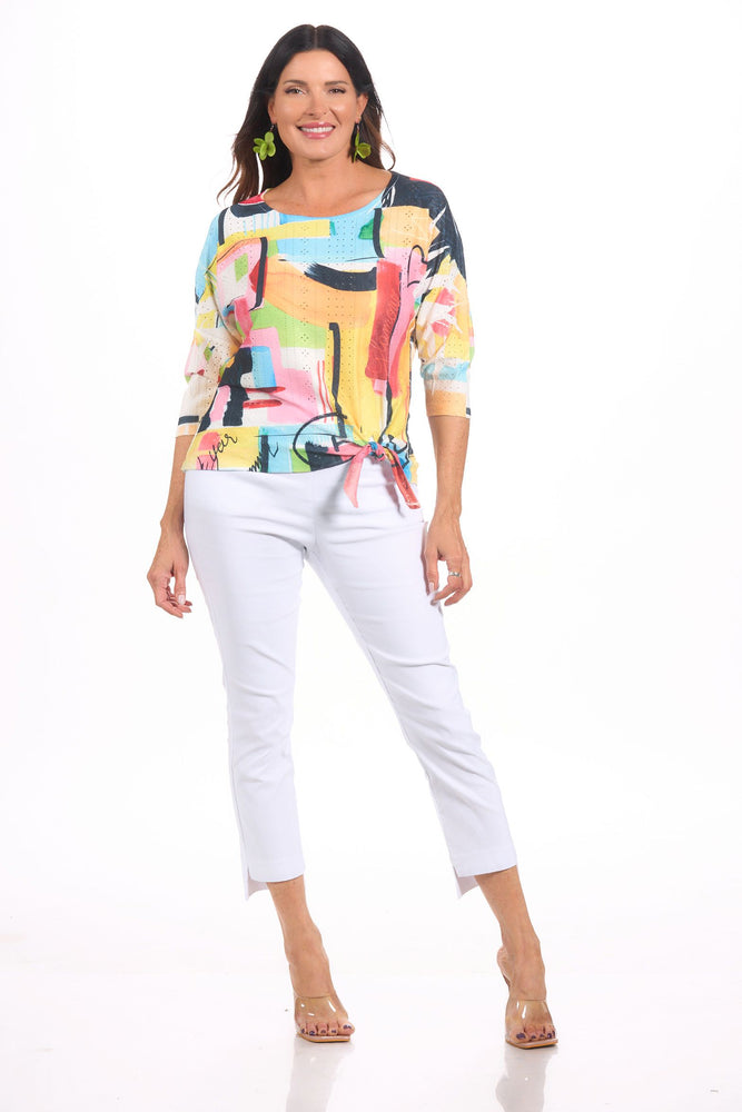 Front image of impulse multi printed top with tie front. 