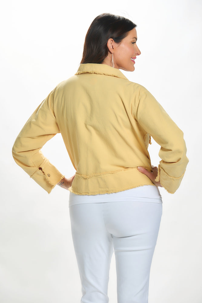 Front image of Giocam jacket in mustard yellow. 