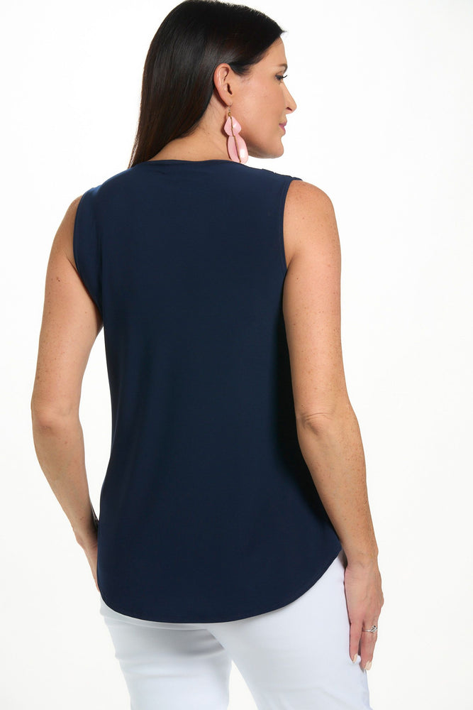 Back image of mimozza cowl neck tank top in navy. 