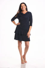 Front image of Picadilly destination collection solid navy cowl neck top.