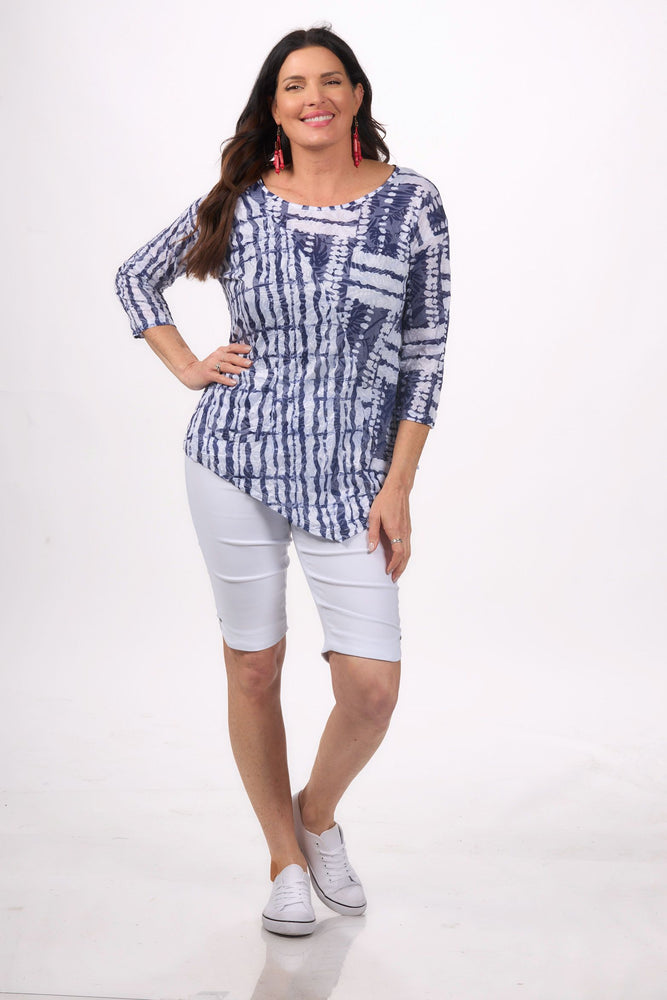 Front image of Shana navy printed angle hem tee.