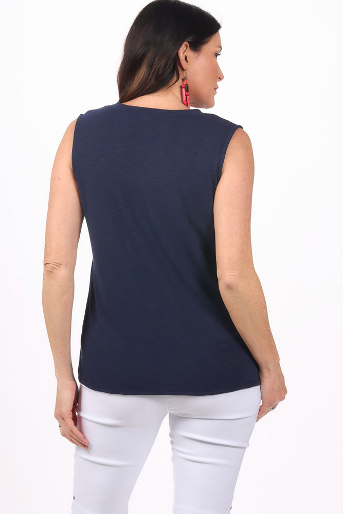 Back image of Nally&Millie v-neck navy blue tank.