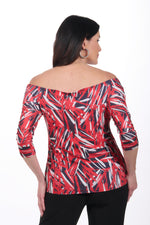 Back image of Fashque red print off the shoulder top.