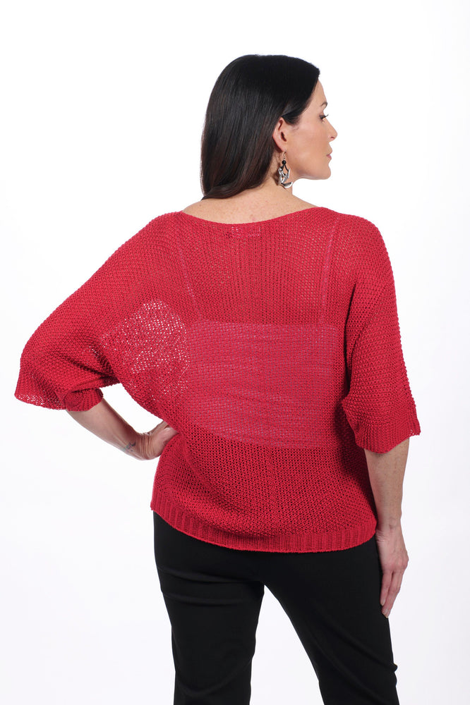 Back image of red v-neck open knit sweater.