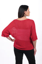 Back image of red v-neck open knit sweater.