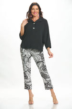 Front image of Krazy Larry printed paisley pants in black and ivory print. 