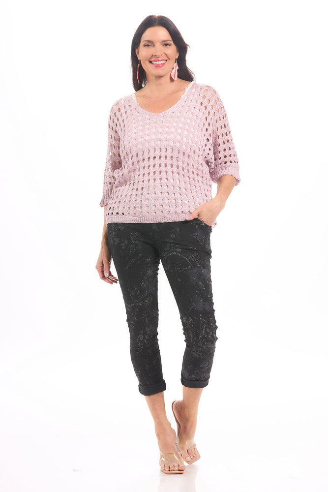 Front image of Look Mode pink open knit sweater.