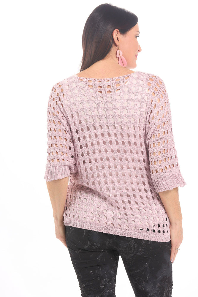 Back image of Look Mode pink open knit sweater.