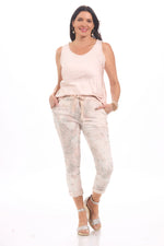 Front image of Look Mode pink swirl pull on jeggings. 