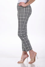 Side image of Up! pull on techno pants in grey plaid. 