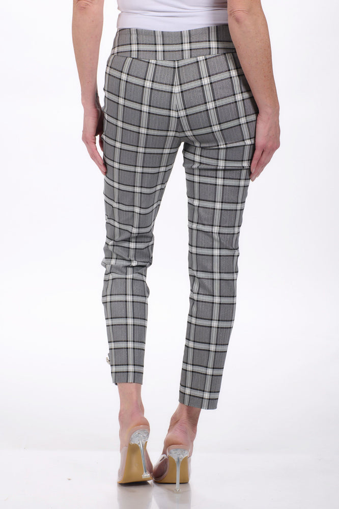 Back image of Up! pull on techno pants in grey plaid. 