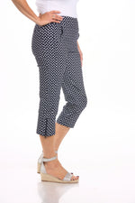 Side image of tribal polka dot navy pull on capri.