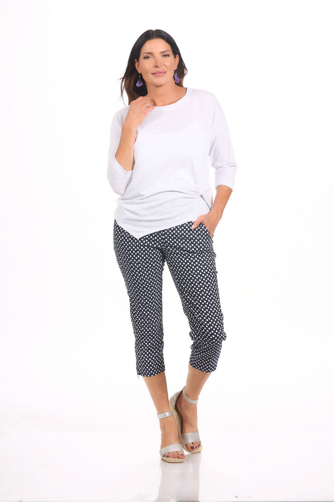 Front image of tribal polka dot navy pull on capri.