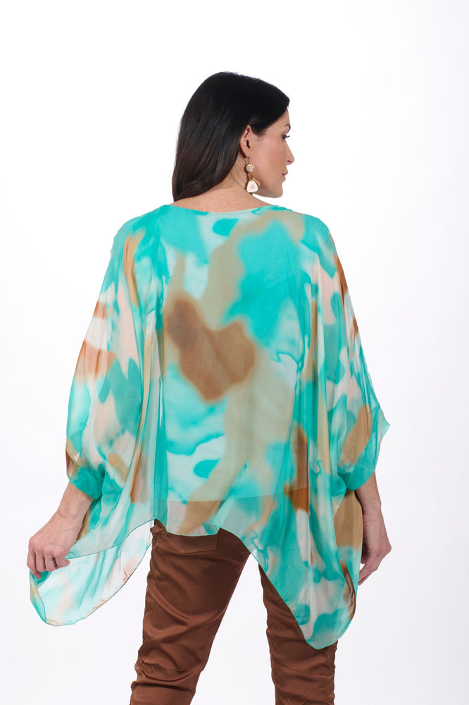 Back image of made in italy turquoise and brown blouse by Gigi Moda.