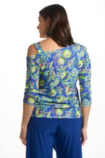Back image of Mimozza one shoulder top in blue limes print. 