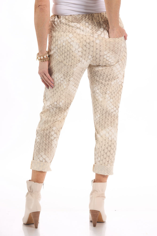 Back image of Catherine Lily White pull on beige printed pant. 