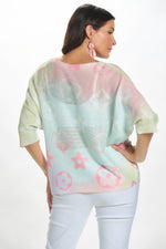 Back image of Made in Italy printed open knit sweater. 