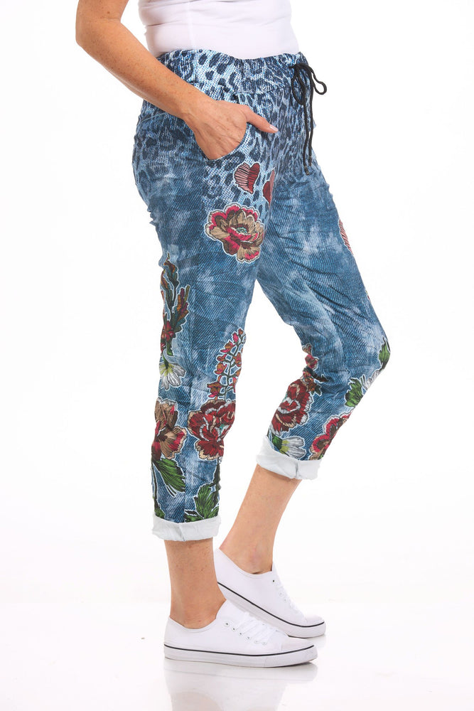 Side image of gigi moda pull on printed joggers. 