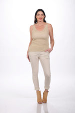 Front image of Beige shimmer tank top by look mode. 