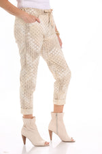 Side image of Catherine Lily White pull on beige printed pant. 