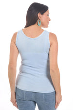 Back image of made in italy round neck light blue raw edge tank top. 