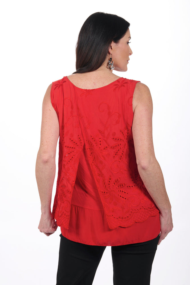 Back image of red eyelet tank made in italy. 