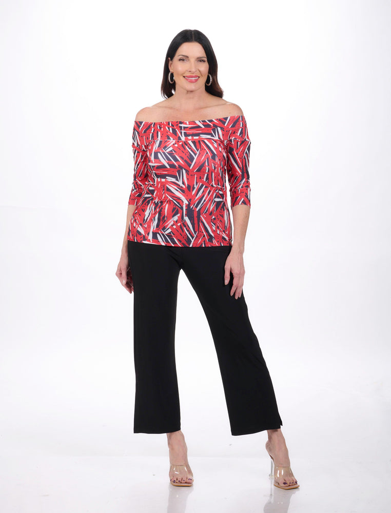 Front image of Fashque red print off the shoulder top.