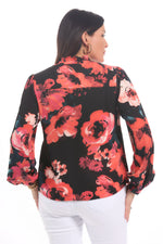 Back image of Elo rose printed long sleeve crepe blouse. 