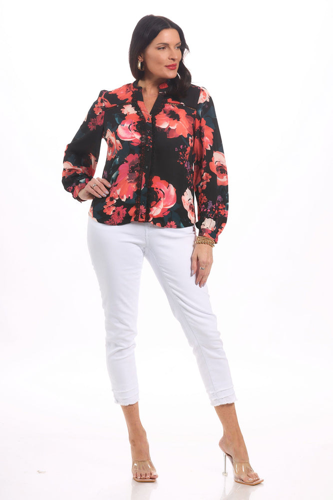 Front image of Elo rose printed long sleeve crepe blouse. 