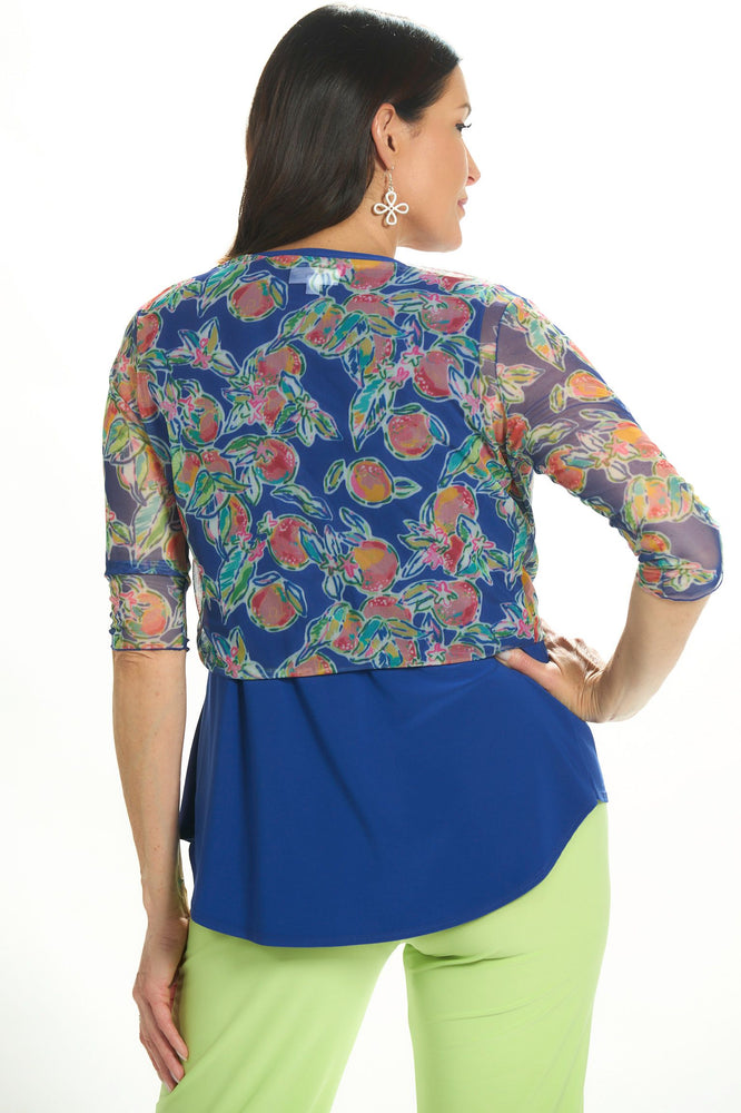 Back image of Mimozza 3/4 sleeve sheer shrug. Royal peached print. 