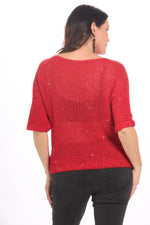 Back image of Look Mode true red shimmer sweater made in italy. 