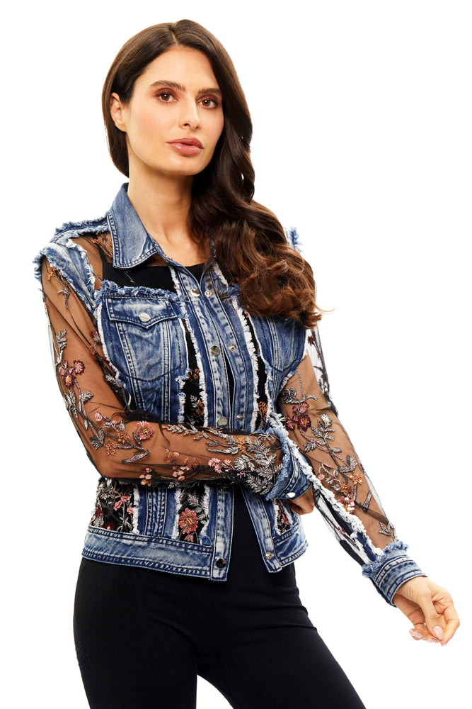 Front image of sheer sleeve denim jacket with embroidery by adore. 