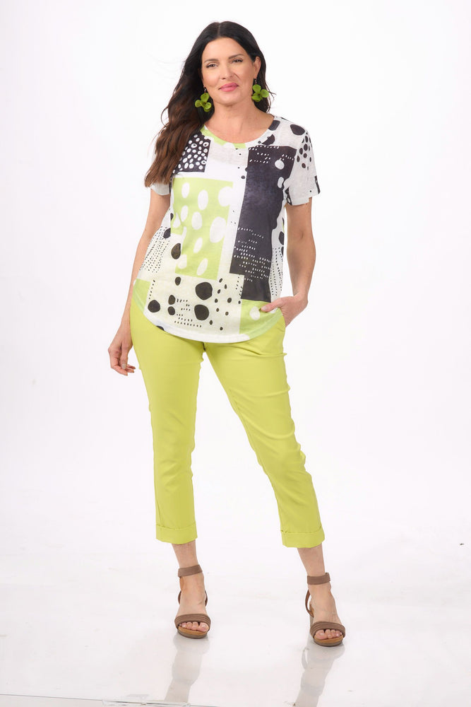 Front image of Shana lime printed short sleeve slub top.