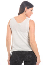 Back image of Look Mode silver shimmer tank top.