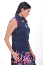 Side image of Tribal sleeveless zip mock top in navy blue. 