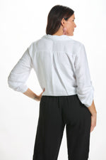 Back image of Made in Italy white button front blouse. 