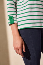 Front detail image of Tribal waffle knit boat neck top in kelly green stripe.