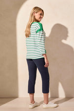 Back image of Tribal waffle knit boat neck top in kelly green stripe.