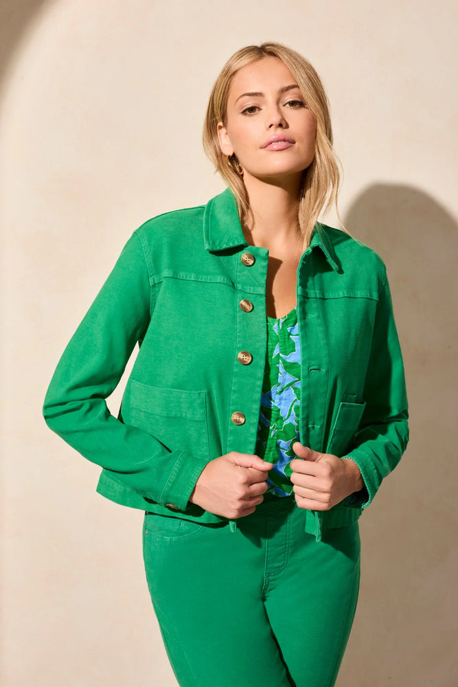 Front image of Tribal long sleeve button front jacket in kelly green. 