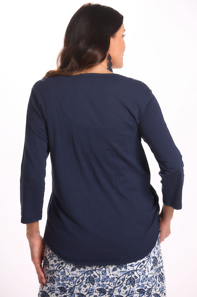 Back image of Lulu B 3/4 sleeve v-neck emily tee. Navy solid top. 