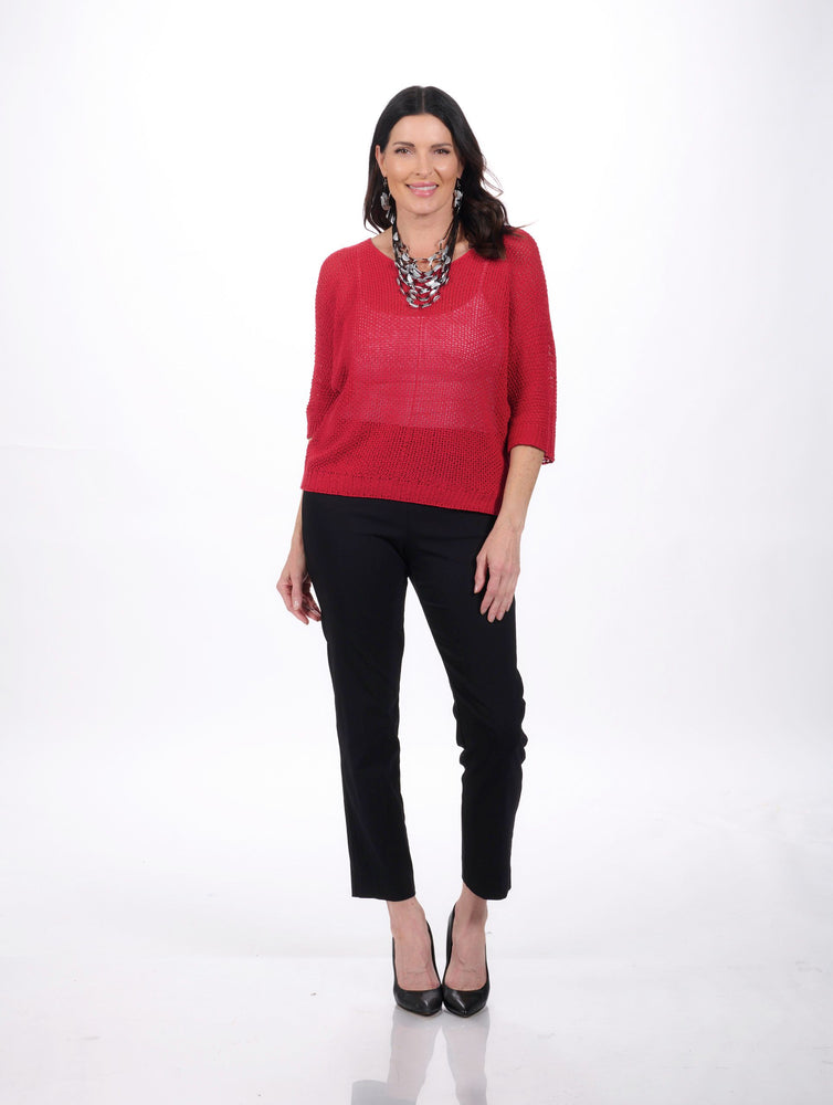 Front image of red v-neck open knit sweater.