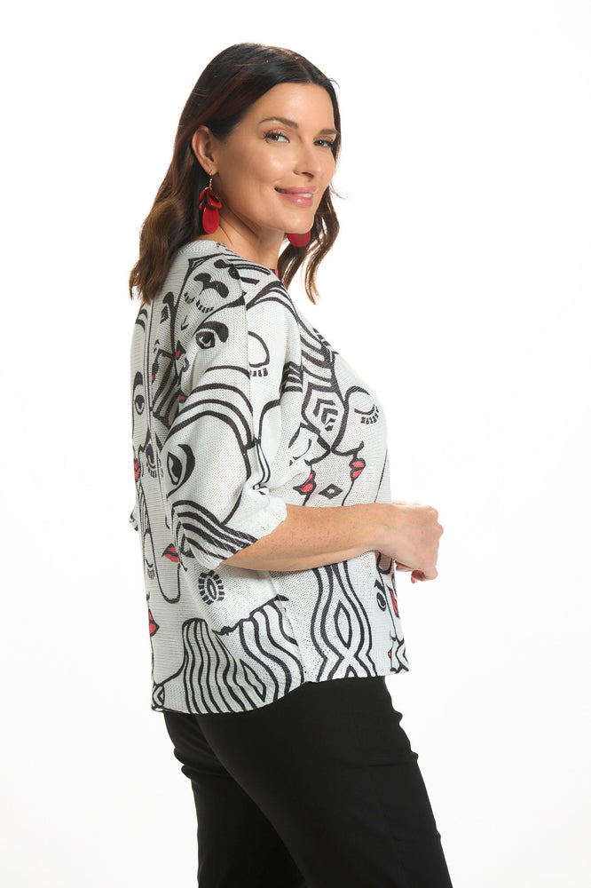 Side image of made in italy abstract faces sweater. 