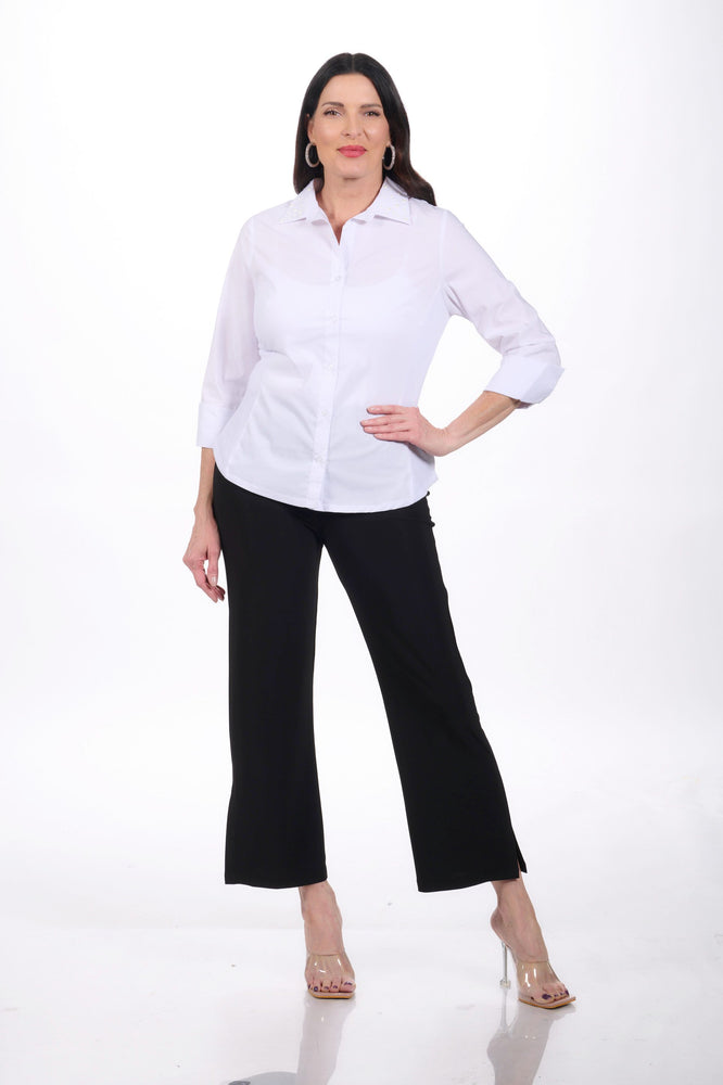 Front image of white pearl collar blouse by Elo.