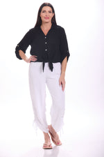 Front image of M Made in Italy pull on white ankle tie pants. 