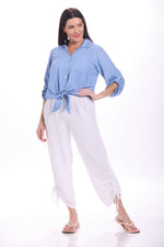 Front image of M Made in Italy pull on white ankle tie pants. 